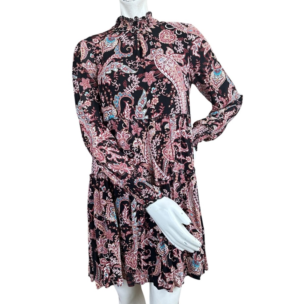 Anthropologie “Cady” Black Paisley Print Long Sleeve Mockneck Babydoll Dress XS
